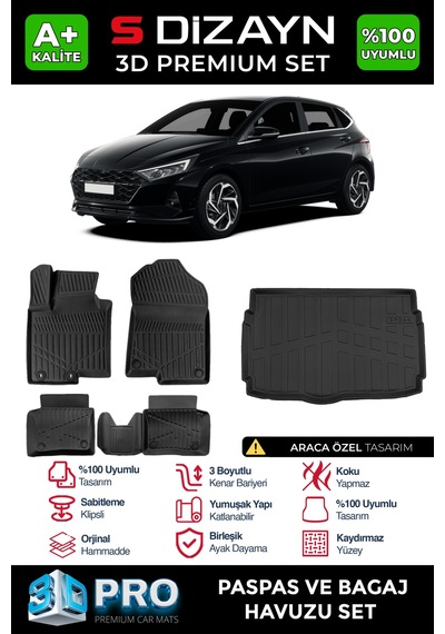 S-dizayn Hyundai İ20 3d Pro Havuzlu Paspas Ve Bagaj Havuzu Seti 2'li Set 2020 Üzeri A+ Kalite