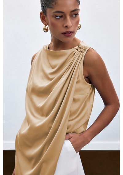 Sateen Aksesuar Detaylı Kolsuz Bluz - Camel-136918 CAMEL