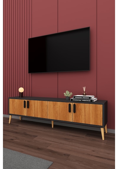 Asra Trend Tv Ünitesi T-05 %100 MDF 160 cm Tv Sehpası 4 Kapaklı Raflı Petra-Koyu Gri