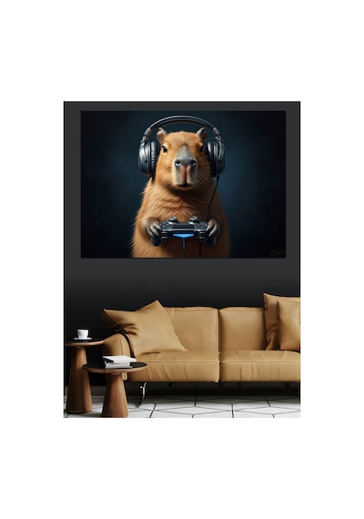Kulaklıkla Oyun Oynayan Capybara Yağlı Boya Dokulu Kanvas Tablo Canvas Tablosu