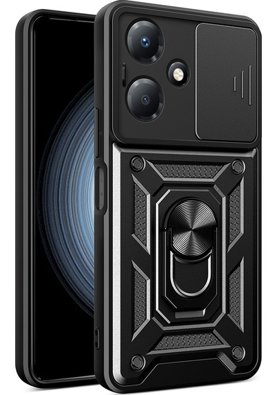 İnfinix Hot 30 Play Kılıf Magnetik Standlı Kamera Korumalı Zore Sürgülü Vega Kapak Siyah