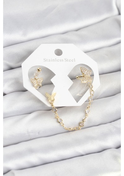 Kelebek Model Pirinç Gold Renk Zincir Bağlantılı Ear Cuff Küpe Seti - Çok Renkli