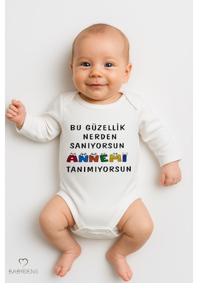 Babyden's Bu Güzellik Nereden Sanıyorsun, Annemi Tanımıyorsun Yazılı Uzun Kollu Bebek Body Çıtçıtlı Zıbın Beyaz