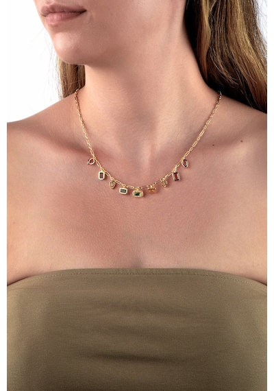 Altın Renkli İnce Zincirli Pastel Renk Taşlı Geometrik Charm Kolye Altın