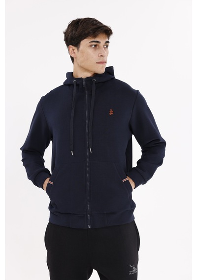 Rowinger Metal Uçlu Kordonlu Tam Fermuarlı Bölmeli Ön Cepli Küçük Nakış Logolu Rahat Kalıp Mevsimlik Kapüşonlu Sweatshirt Navyblue