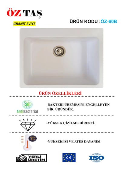 Öztaş ÖZ-60b Granit Mutfak Eviye Beyaz Tek Gözlü 55 x 60 CM
