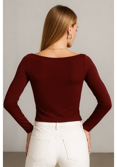 Wild Bee Kadın Bordo Kayık Yaka Uzun Kollu Bluz