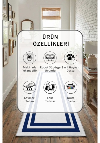 Çerçeve Beyaz Lacivert Yıkanabilir Yolluk