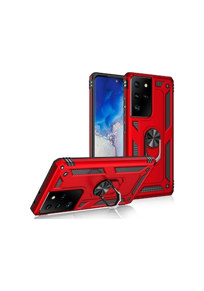 Samsung Galaxy Uyumlu S21 Ultra Kılıf Sert Silikon Yüzüklü Stand Özellikli Kapak
