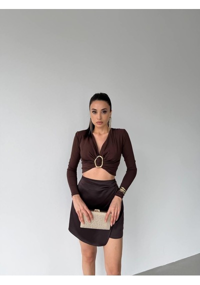 Elaxi Kadın Dalgıç Kumaş Tokalı Vatkalı Crop Bluz Kahverengi