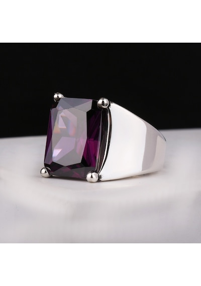 Fkgümüş 925 Ayar Gümüş Ametist Taşlı Sade Erkek Yüzük Silver