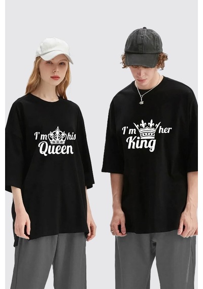 Unisex Kadın Erkek King Queen Baskılı Sevgili Çift Kombini Tasarım Oversize T-shirt 2'li Set Siyah Mck1956 Siyah