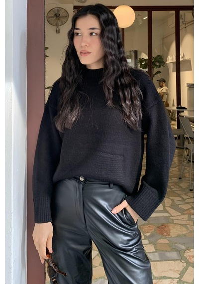 Madmext Siyah Bisiklet Yaka Oversize Triko Kazak Mg1972 Siyah