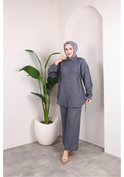 Hira Life Fashion Kadın Çilek Kumaş Gömlek Yaka Önü Düğmeli Yandan Bağcıklı Gömlek Tunik-pantolon İkili Takım Gri Gri