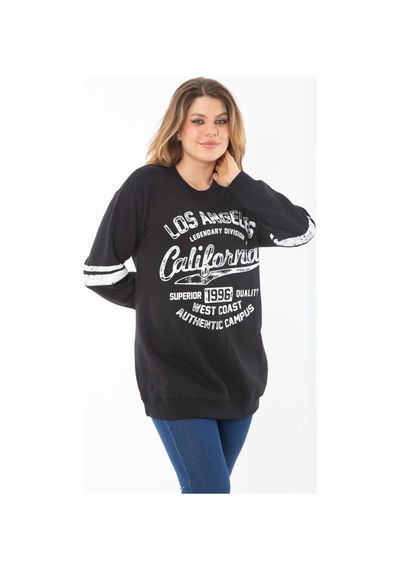 Şans Kadın Büyük Beden Siyah İçi Şardonlu Üç İplik Sweatshirt 65n37295-siyah Siyah
