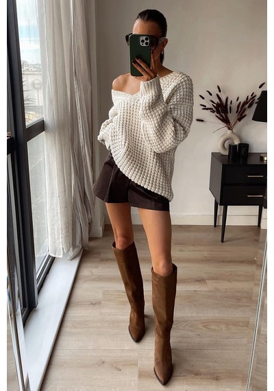 Madmext Ekru Oversize V Yaka Triko Kazak Mg1440