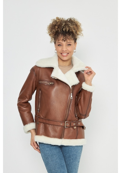 M M Marki Marki Deri Ve Kürk Kadın Kaban - 77 Cm, Taba Rengi, Kemerli, Oversize - 106322