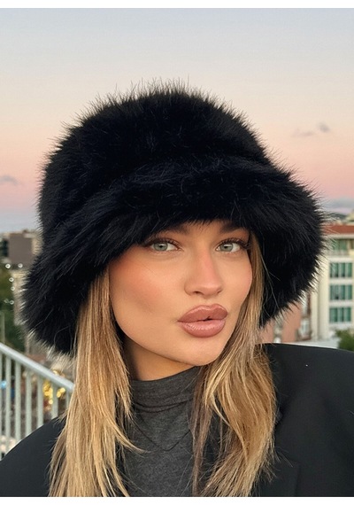 Mollycrush Luxury Peluş Bucket Kalpak Şapka Kışlık Suni Kürk Siyah Kadın Şapkası Siyah