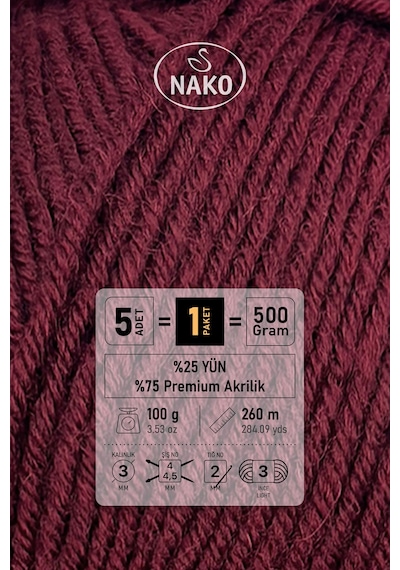 Süper İnci - 999 Bordo - 5'li Paket - 100gr/260m - El Örgü İpi - Atkı Yelek Kazak İpi