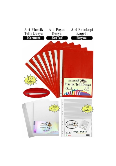 Telli Dosya Plastik A4 10 Lu Poşet Dosya 50 Li A4 Fotokopi Kağıdı 100 Adet 1 Paket Ekonomik Kaliteli Şeffaf Kapak Dosya Kırmızı