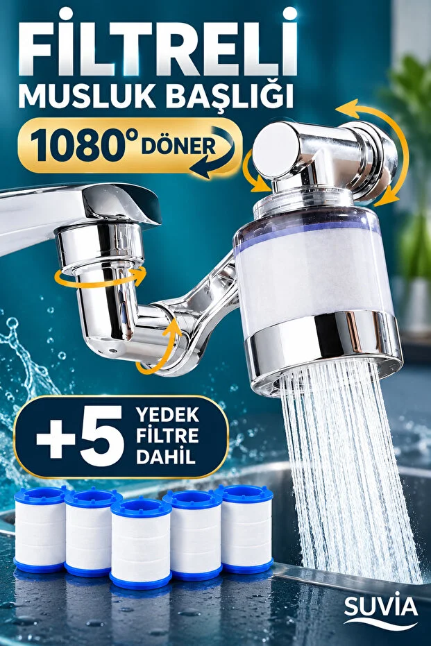 Filtreli Musluk Başlığı 1080 Döner Su Arıtıcı 5 Yedek Filtreli