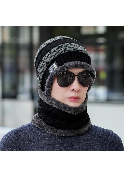 Kışlık Erkek Trend Örgü Şapka Ve Boyunluk Seti Siyah