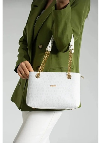 Just Polo Orijinal Kadın 3 Bölmeli Zincir Detaylı Ayarlanabilir Askılı Lüks El & Omuz Çantası Shoulder Bag Beyaz