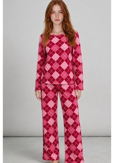 Kadın Çizgili Regular Fit Kırmızı Pijama Takımı 4766