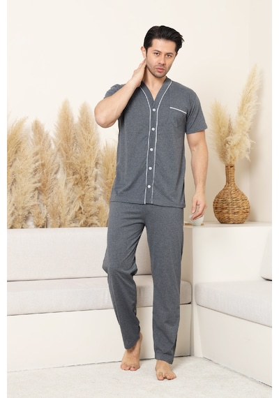 Enisena Erkek Boydan Düğmeli %100 Pamuklu Pijama Takımı 12385 Füme