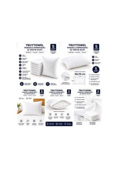 Turuytowel Pamuklu Fermuarlı İç Yastık Kılıfı Beyaz Renkli İç Astar 10'lu Yastık İç Kılıfı 50x 70 Şilte Beyaz 5 Li