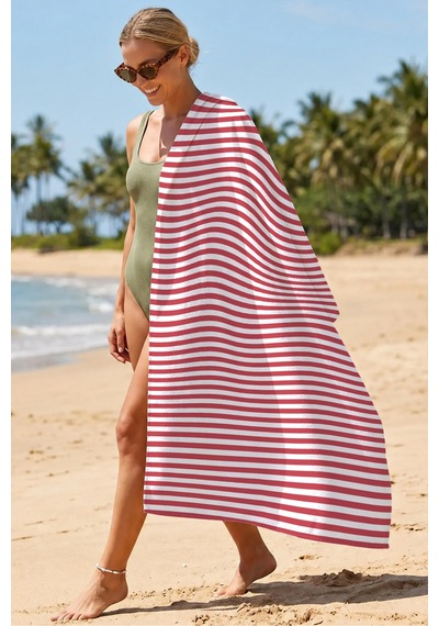 Çizgili Kırmızı Beyaz Marine Plaj Havlusu - Modern Nautical Stil Hızlı Kuruyan Mikrofiber Havlu Çok Renkli