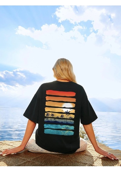 Kadın Örme Palm Tree Basklı Siyah %100 Pamuk T-shirt. Siyah