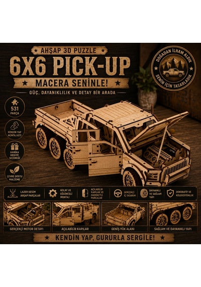 6x6 Pick-up Ahşap Maket Seti Dıy 3d Puzzle Açılabilir Kapılı Arazi Aracı Koleksiyoner Modeli 531 Parça