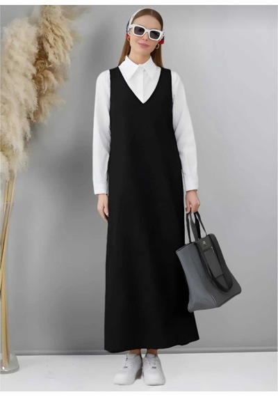 Butik Ayvitrin Kadın V Yaka Astarsız Jile Elbise Siyah