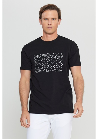 Altınyıldız Classıcs Erkek Sıyah Pamuklu Slim Fit Dar Kesim Bisiklet Yaka Baskılı Esnek Tişört SIYAH