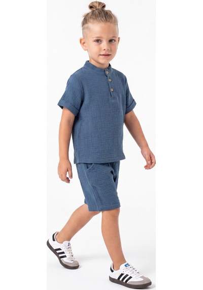 Mnk Baby & Kids Pamuklu Müslin Kumaş Yazlık Şortlu Kısa Kol Rahat Takım M00820 Indigo