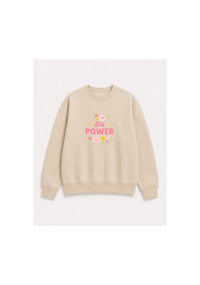 Herkesemoda Power Girl Çiçek Baskı Detaylı Şardonlu 2 İplik Bisiklet Yaka Sweatshirt Bej