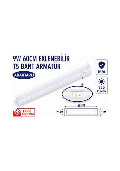 Lampist 60cm 9w T5 Ledli Bant Armatür 6500k Beyaz
