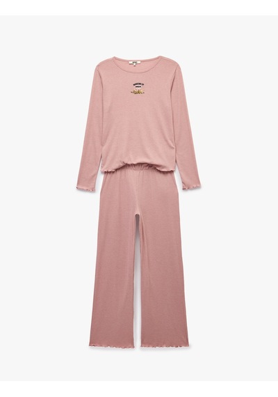 Koton Köpek Nakışlı Bisiklet Yaka Uzun Kollu Pijama Takımı Pembe 7wlk40215mk Gül