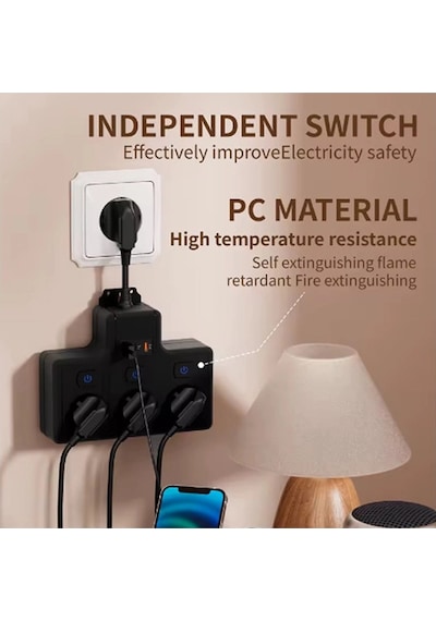 Termal Akım Korumalı 3 Lü Duvar Tipi Priz 1x Usb 2x Type-c Çıkışlı Grup Priz Çoğaltıcı 3500w 1