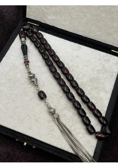 Alpaka Nakkaş İmameli Koyu Mürdüm Sıkma Kehribar Tesbih 9x11 Mm Bordo