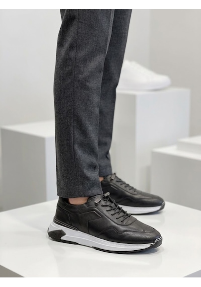 Slope 1474 Siyah Hakiki Deri Bağcıksız Günlük Erkek Sneaker Ayakkabı