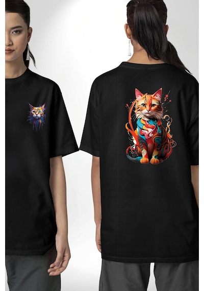 Renkli Yağlı Boya Kedi Siyah Oversize Unisex Ön Ve Sırt Baskılı Tişört Siyah