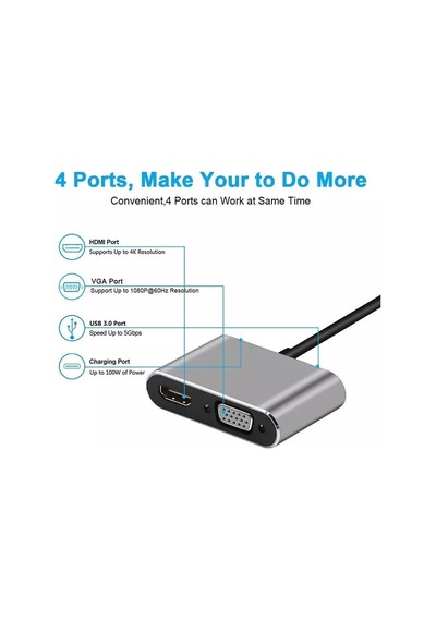 Type-c Hdmi Vga Usb 3.0 Type 4in1 Video Dönüştürücü Veri Aktarıcı Usb Adaptör Notebook Ve Macbo