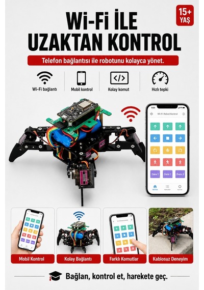 Arduino Örümcek Robot Kiti Wifi Kontrollü 8 Servo Motorlu Programlanabilir Stem Robotik Kodlama Seti - 867322301