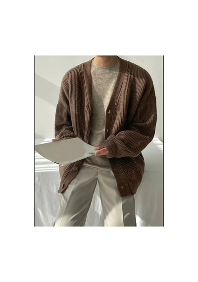 Cool Tarz Erkek Regular Fit Düğmeli V Yaka Triko Hırka Kahverengi Kahverengi