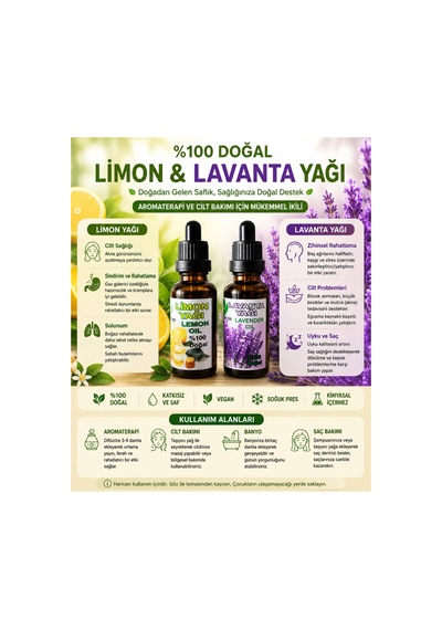 %100 Doğal Bitkisel Limon Yağı 30 Ml + Lavanta Yağı 30 Ml İkisi Birlikte