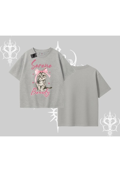 Startmore Startmore Serene Beauty Kedi Baskılı Oversize Tshirt Gri