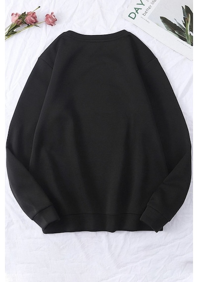 Unisex Kafadar Ayılar Baskılı Bisiklet Yaka Sweatshirt Siyah