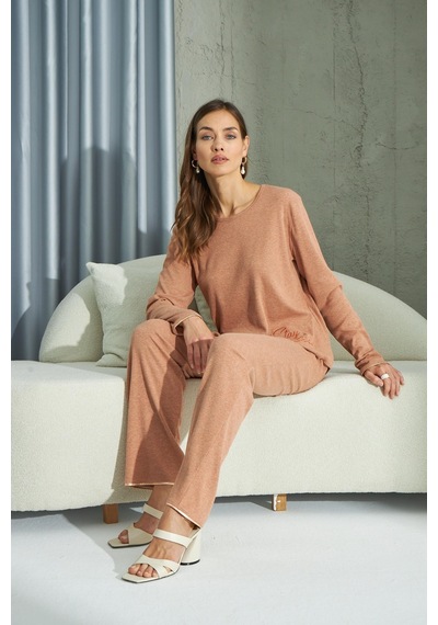 Sevim Kadın Uzun Kol Ribana Taba Pijama Takımı C1t5n2o69 001
